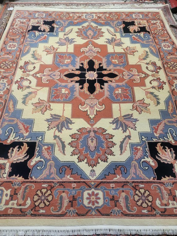Vintage Hand-Knotted Heriz Style Wool Rug Ivory Blue Salmon 8’ x 10’