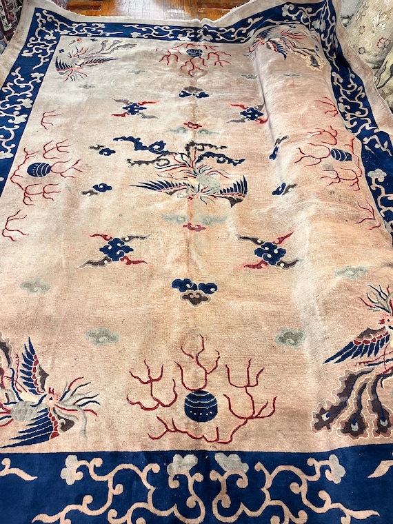 Antique Chinese Art Deco 9’ x 12’ Hand Knotted Wool Rug