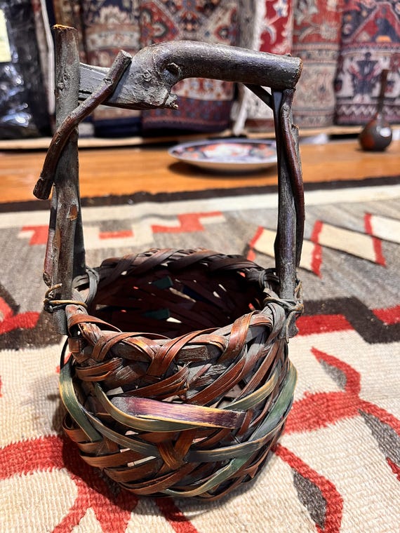 Vintage Japanese Hanakago Flower Basket | Woven Bamboo Ikebana Vessel (5" Diameter)