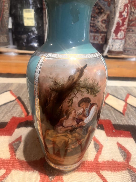 Vintage European Style Porcelain Vase | Turquoise Figural Scene | Rococo Continental Decorative Vase