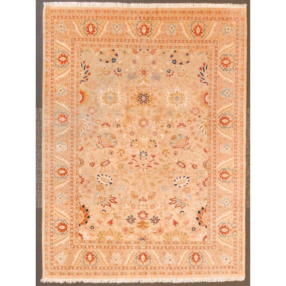 Hand-Knotted Oushak Style Wool Rug, Ivory Floral Motifs, Rust Blue Accents (9'2" x 12'2")