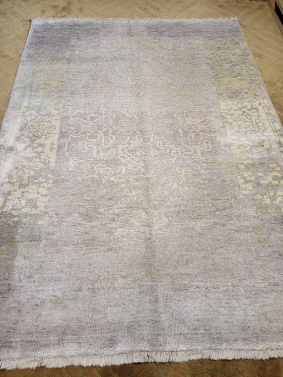 Ivory, Soft Gray & Beige Modern Abstract Design, 5’7” x 7’10” Hand-Knotted Wool Rug