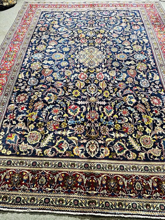 9' x 12' Hand Woven Oriental Wool Area Rug Traditional Floral Blue Red Fringe