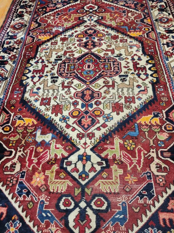 Semi Antique Pictorial Tribal 5' x 10' Hand Knotted Wool Runner Rug