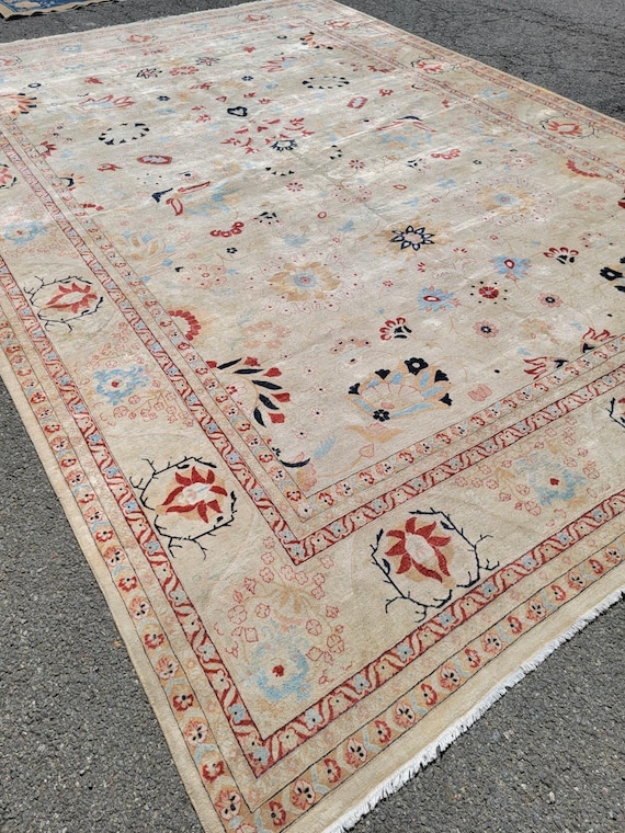 Vintage Turkish Oushak Wool Rug, Ivory Red Blue Floral Design (10' x 14')