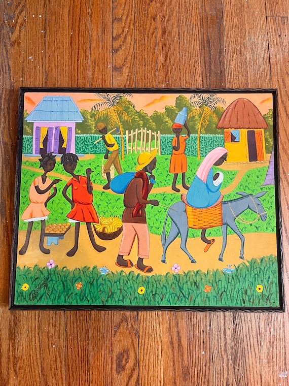 Henry Bottex Haitian Village Scene Painting Framed 21x25 Signed