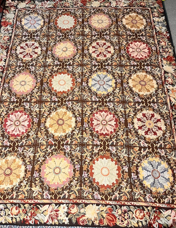 Vintage 8′ × 10′ Hand-Stitched Wool Chinese Needlepoint Floral Rug