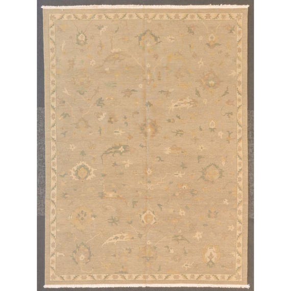 Hand-Knotted Indo Oushak Style Wool Area Rug, Soft Beige & Taupe Floral Design, 8'6" x 11'6"