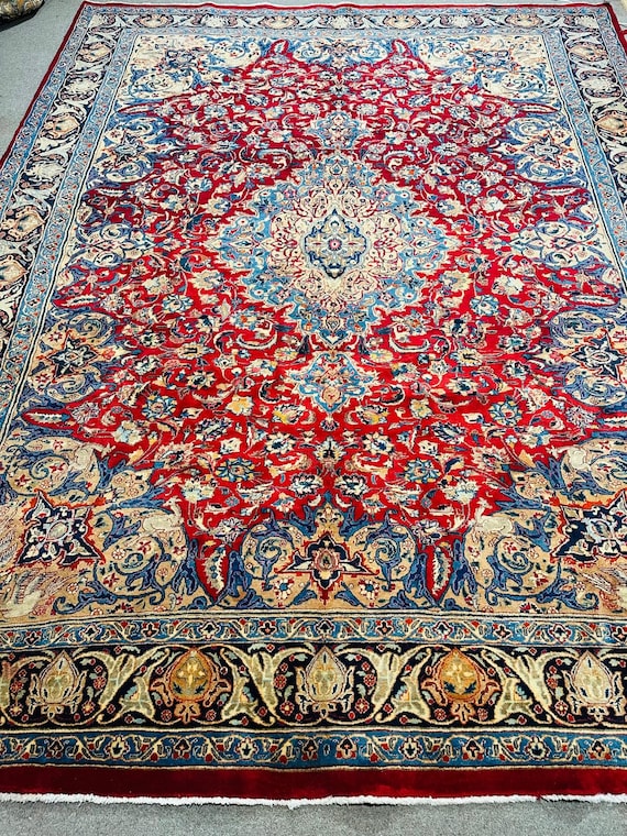 Hand Knotted Wool Oriental Medallion Rug 9’ x 12’7 Red Blue Beige