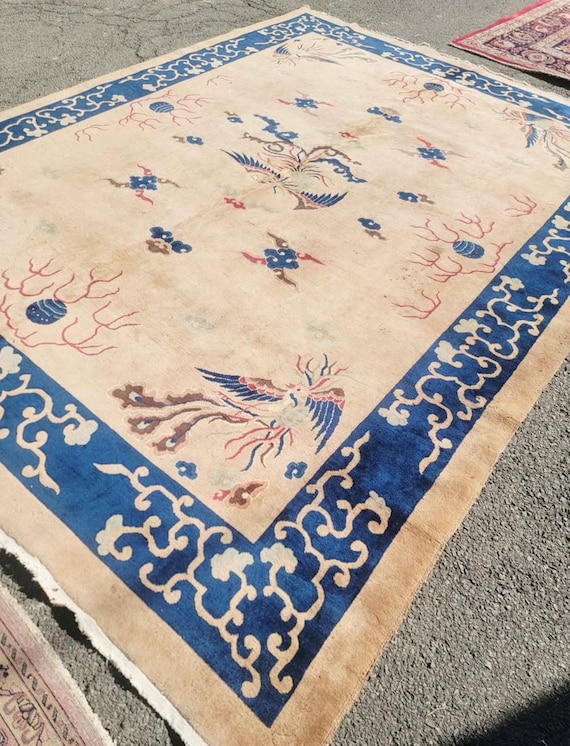 Antique Chinese Wool Rug, 9x12 Hand-Knotted Ivory Blue Floral Carpet