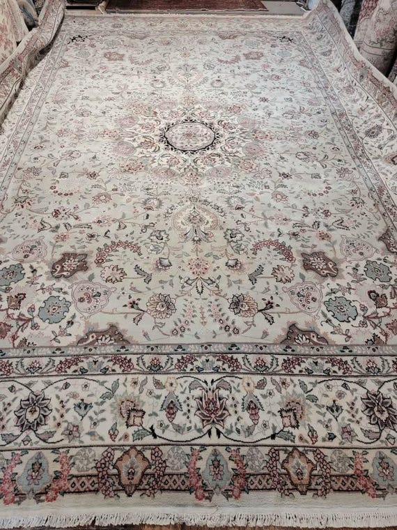 10x14 Oriental Wool & Silk Hand Knotted Rug – Large Floral Ivory Area Rug