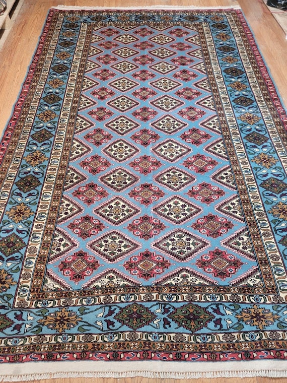 Blue Turkomen 6’3” x 9’11” Hand Knotted Wool Rug