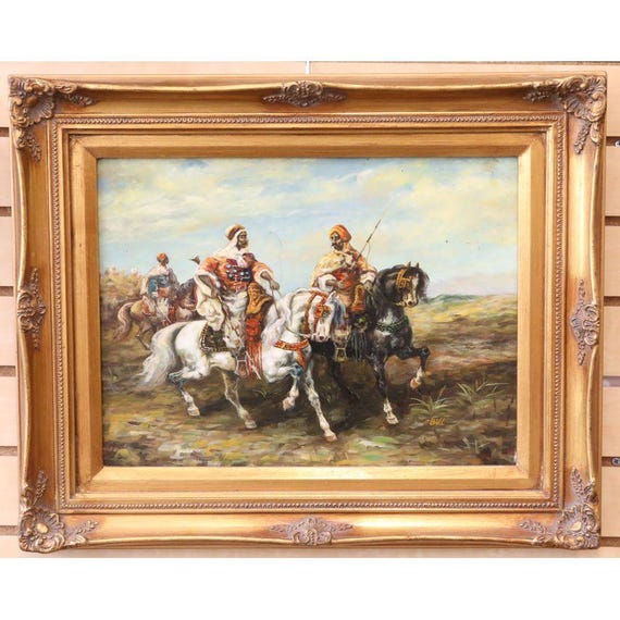 Signed “Bill” Vintage Three Horsemen Oil Painting Framed Equestrian Orientalist Style Art