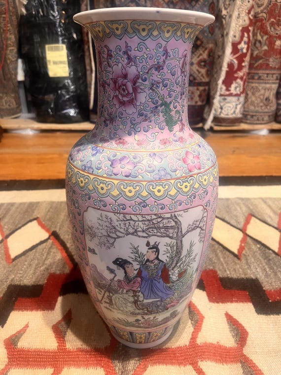 Vintage Chinese Famille Rose Porcelain Vase | Pink Floral Figural Asian Decor