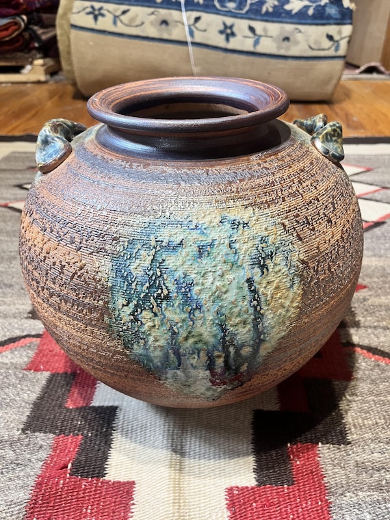 Vintage Japanese Shigaraki-Style Pottery Vase | Blue Green Drip Glaze | Rustic Studio Ceramic Vessel