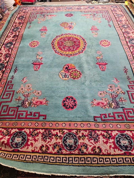 Semi Antique Chinese Floral Hand Knotted Wool Area Rug 9' x 12' Teal Pink Red