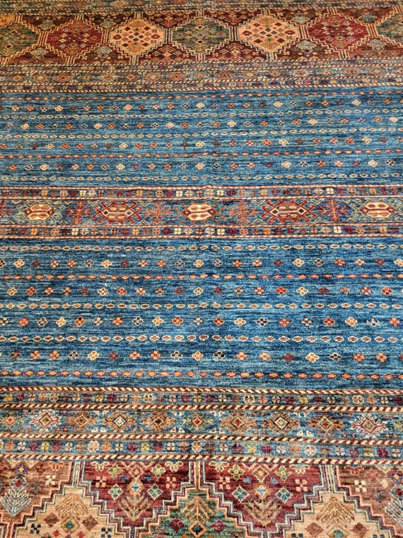 Super Kazak Sripped Design 7’ x 10’ Hand Knotted Wool Rug