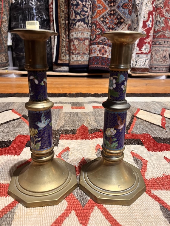 Vintage Pair Cloisonné Brass Candlesticks | Blue Floral Enamel Candle Holders | Asian Chinoiserie Decor