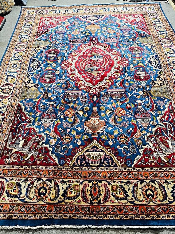 Floral Oriental 9.5' x 13' Hand Knotted Wool Rug Blue Red Cream