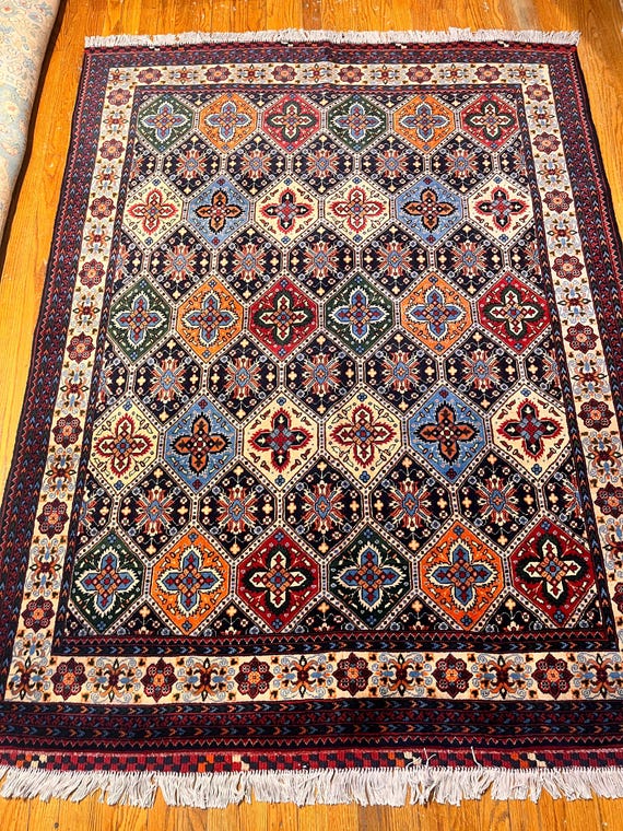 Hand Knotted Wool Tribal Area Rug 5’ x 7’ Geometric Diamond Pattern Multi-Color