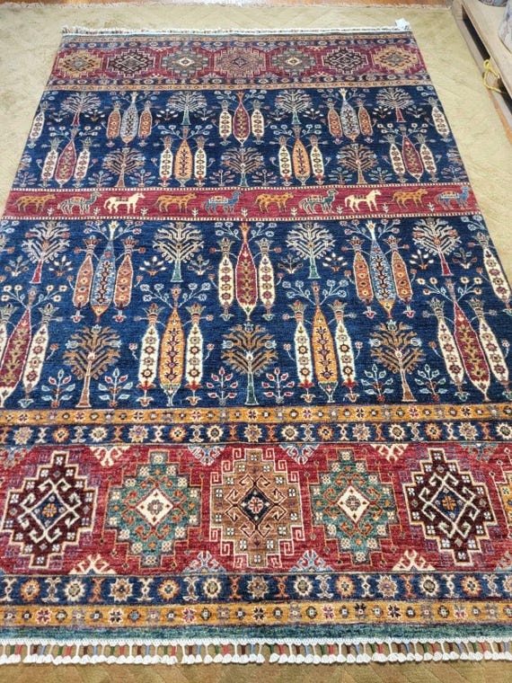 Oriental Pazeryk Style 6’ x 9’ Hand Knotted Wool Rug