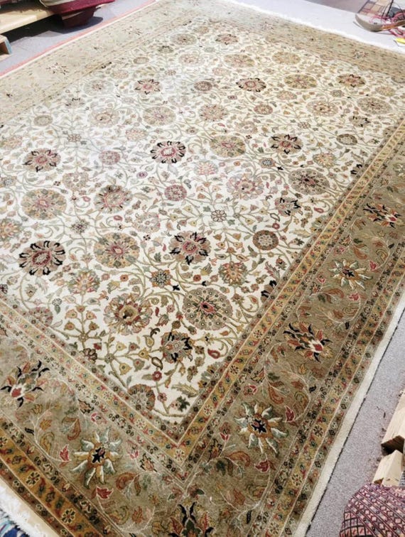 Fine Hand-Knotted Tabriz Style Rug, 9×12, Neutral Floral Masterpiece