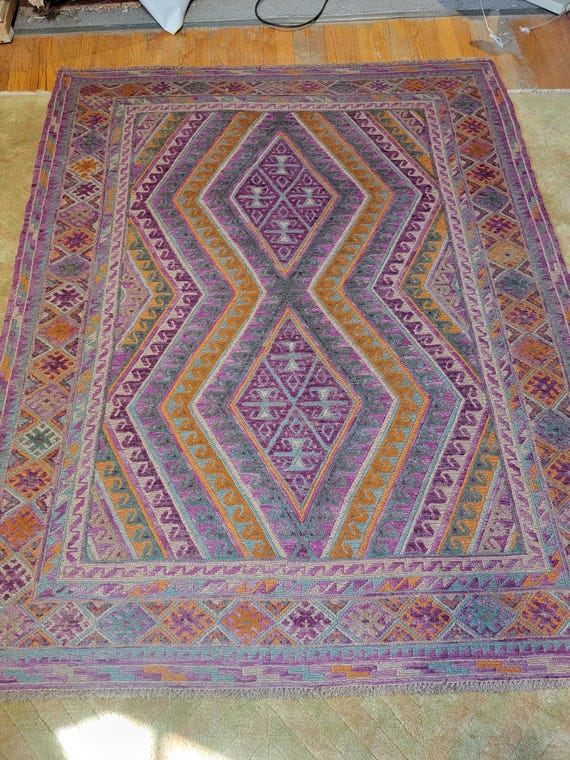 Purple Geometric Kilim 5’ x 6’ Hand Woven Wool Rug