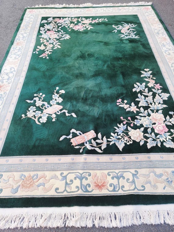 Vintage Chinese 8’ x 11’ Hand Knotted Art Deco Floral Rug