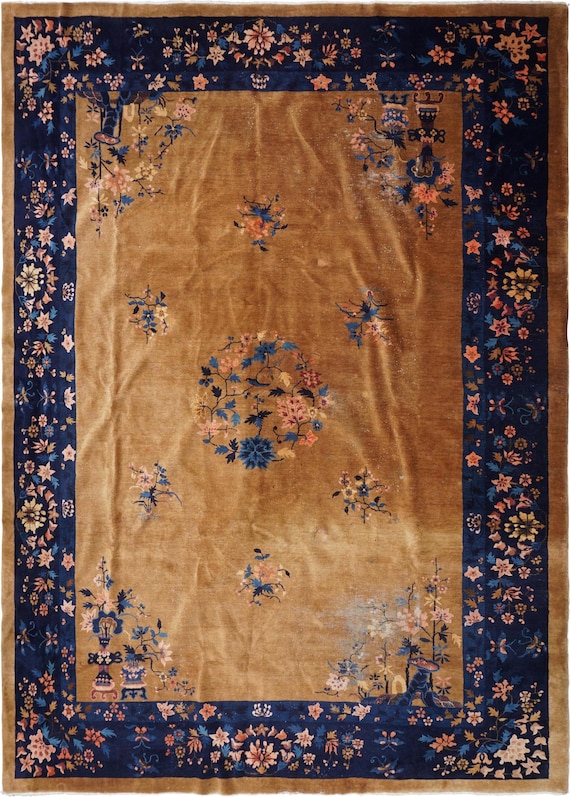 Chinese Art Deco Carpet, 10' x 14' – Beige Field with Deep Blue Floral Border