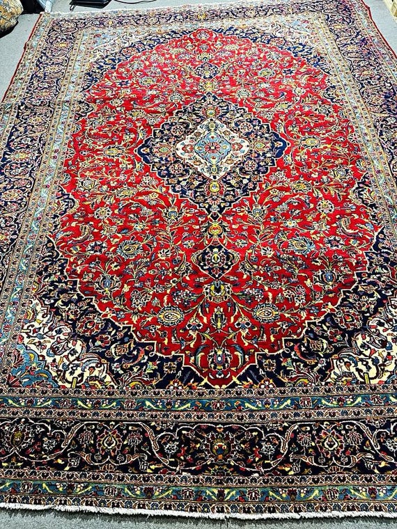Vintage Hand Knotted Floral Oriental 9'9” x 13' Wool Area Rug Red/Navy Floral
