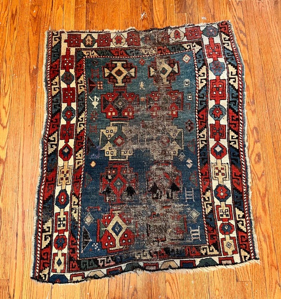 Circa 1890 Rare Caucasian Hand Knotted 3’ x 4’ Wool Rug