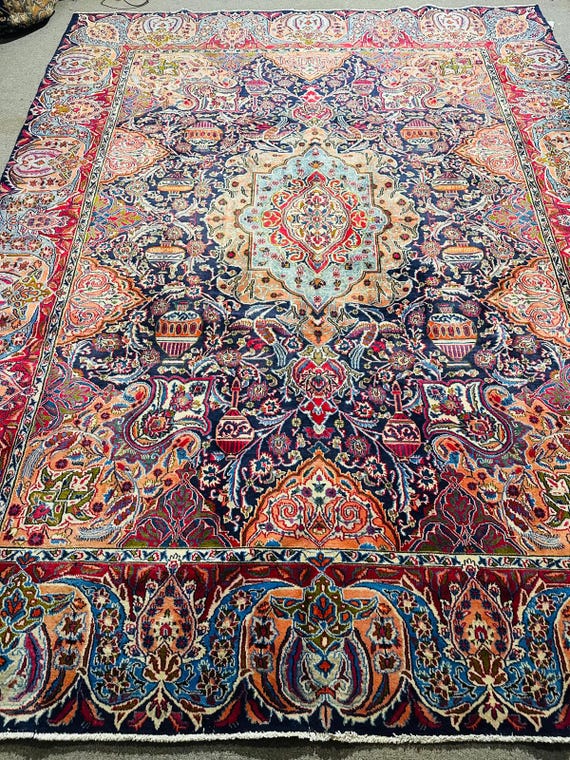 Vintage Floral Oriental 9' x 12' Hand Knotted Wool Area Rug Multicolor