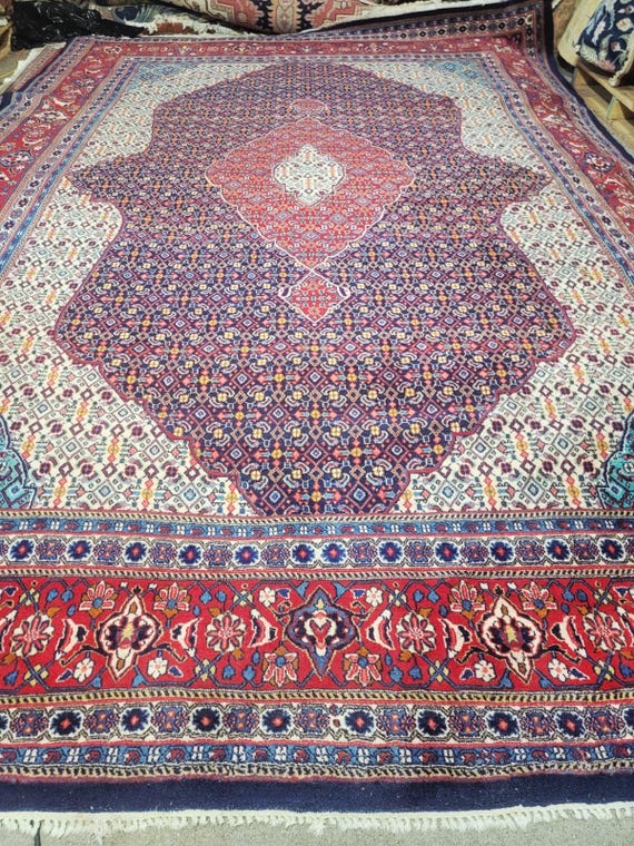 Vintage Hand-Knotted Bidjar Wool Rug Navy Red Ivory 8’8” x 12’5”
