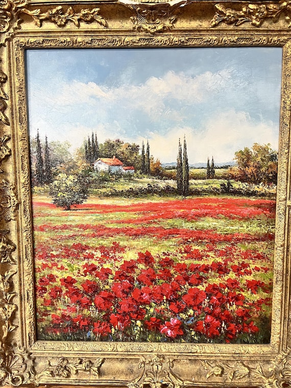 Signed Tuscan Landscape Oil Painting | Red Poppy Field | Ornate Gilt Frame | Mediterranean Wall Art