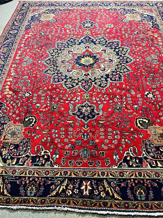 Vintage Floral 10' x 12' Hand Knotted Oriental Wool Medallion Rug Red Blue