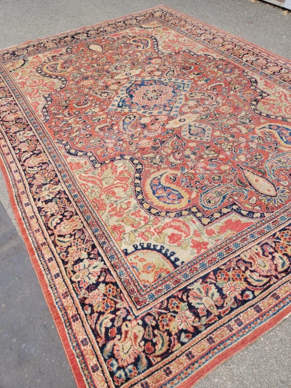 Antique Sarouk Lilihan 9’ x 12’ Hand Knotted Wool Rug (WORN)