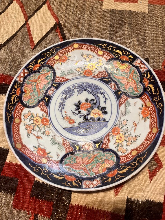 Vintage Japanese Imari Porcelain Plate | Hand Painted Floral Bird Charger | Cobalt Blue Red Gold Asian Decor