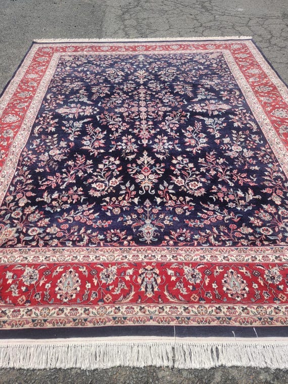 Vintage Hand-Knotted Tabriz Style Wool Rug Navy Red Ivory 8’ x 10’