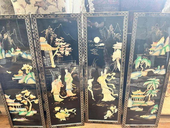 Vintage 4-Panel Asian Wall Art | Mother-of-Pearl Inlay Birds & Flowers (Black Lacquer)