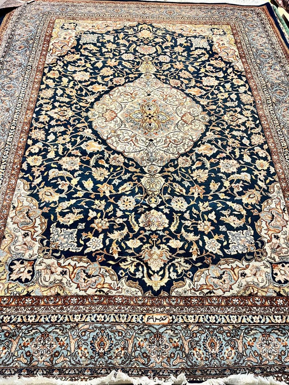 Navy Oriental Agra Style 9’ x 12’ Hand Knotted Wool Rug