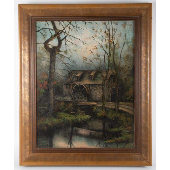 Antique Victorian Mill 31” x 25” Oil Painting c.1920