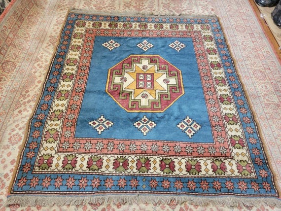 Semi Antique Blue Kazak 5’4” x 6’ Hand Knotted Oriental Wool Rug