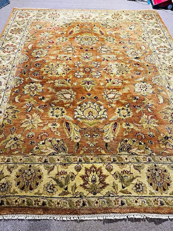 Vintage Oushak 8' x 10’ Hand Knotted Wool Floral Area Rug Beige Brown