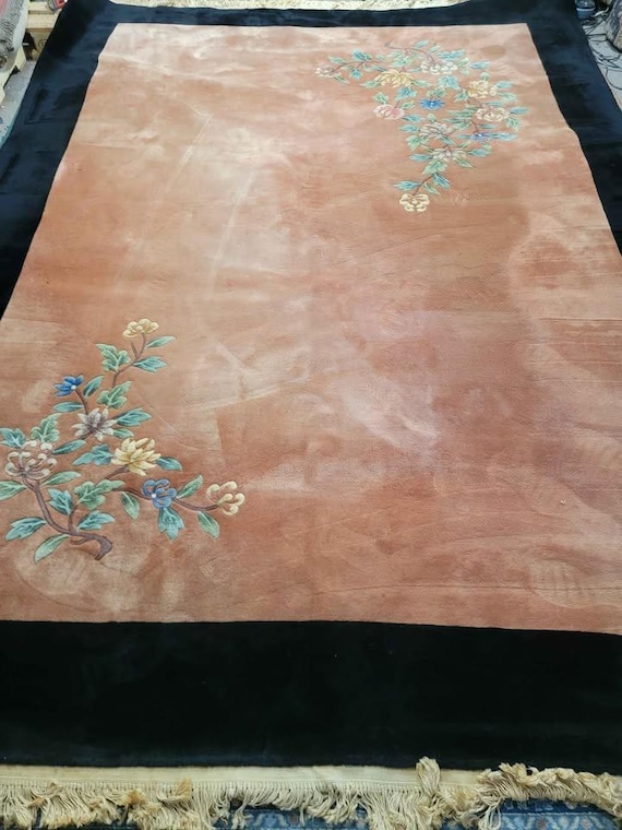 Vintage 9' x 12' Chinese Floral Art Deco Hand Knotted Wool Rug
