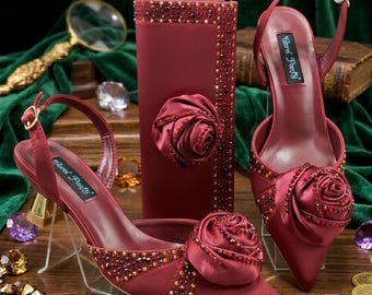 Satin Rhinestone Flower Heels and Matching Bag Set, Bridal Party Sandals Clutch