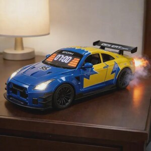 May include: A blue and yellow sports car alarm clock featuring the number 95 on the bonnet, a digital display showing 07:00 on the windscreen, a rear spoiler labelled DES ERT.team, and glowing orange light effects emitting from the rear exhaust.