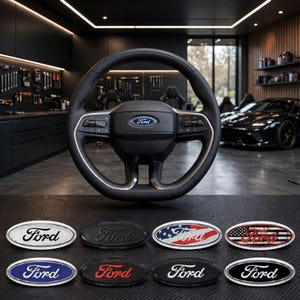 May include: A black leather Ford steering wheel with integrated control buttons and a central Ford logo, positioned above eight oval Ford emblem badges in various colors and designs, including American flag patterns, black, red, blue, and white.