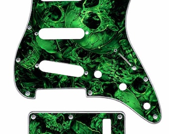Juego personalizado de golpeador y placa trasera con calavera verde para guitarras Fender Stratocaster