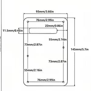 Puede incluir: Diagrama de un objeto rectangular con esquinas redondeadas, con dimensiones en pulgadas y mil&iacute;metros. El diagrama incluye medidas como 93mm/3.66in, 76mm/2.99in y 145mm/5.7in. El objeto tiene un recorte central.