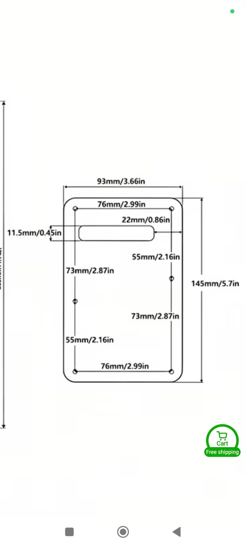 Puede incluir: Diagrama de un objeto rectangular con esquinas redondeadas, con dimensiones en pulgadas y mil&iacute;metros. El diagrama incluye medidas como 93mm/3.66in, 76mm/2.99in y 145mm/5.7in. El objeto tiene un recorte central.